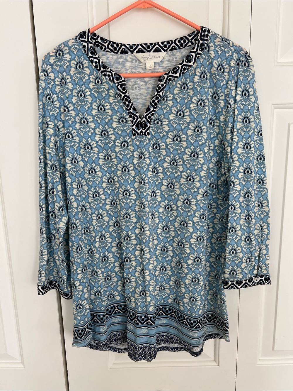 NYDJ Blue Printed V-Neck Tunic with Black Trim